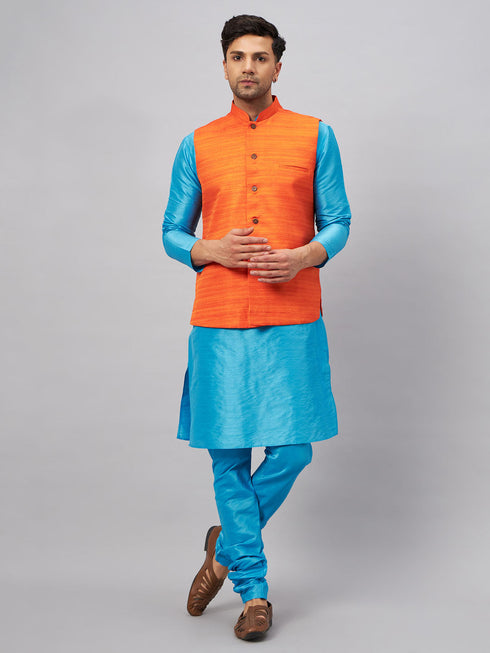 Vastramay Men's Orange Matka Silk Nehru Jacket With Aqua Blue Silk Blend Kurta and Pyjama Set